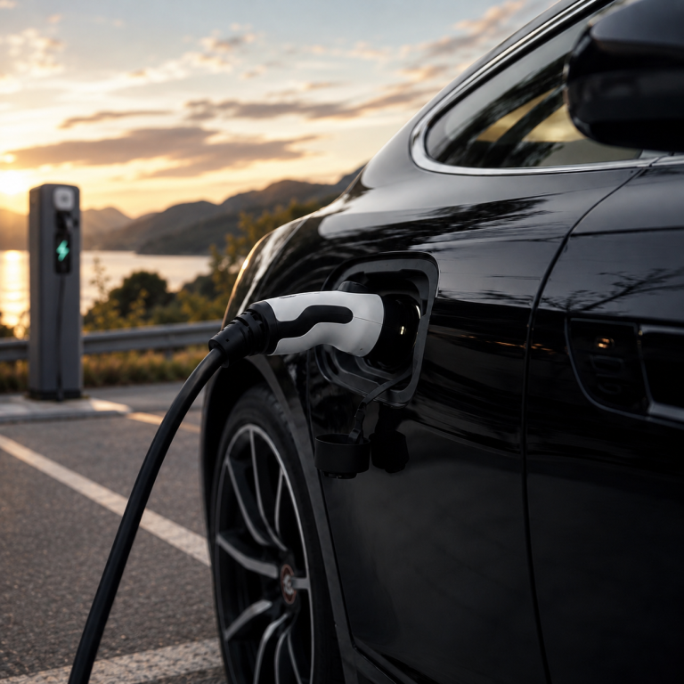 Blue electric vehicle (EV) charging using a portable EV charger, connected to the charging port on the side of the car.