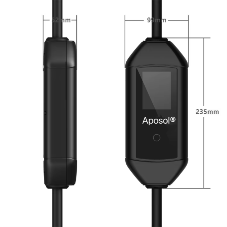 Portable EV charger control box with dimensions, showcasing compact design for electric vehicles.