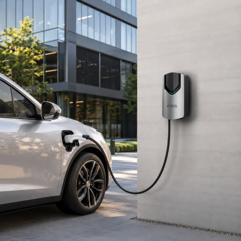 A white car was charging with an Electric Vehicle portable charger An image depicts an electric vehicle (EV) charging, utilizing the Aposol charging cable plugged into the car's port. Another image provides a front and side view of a portable EV charger control box with dimensions labeled, showcasing Aposol's dedication to renewable energy solutions.